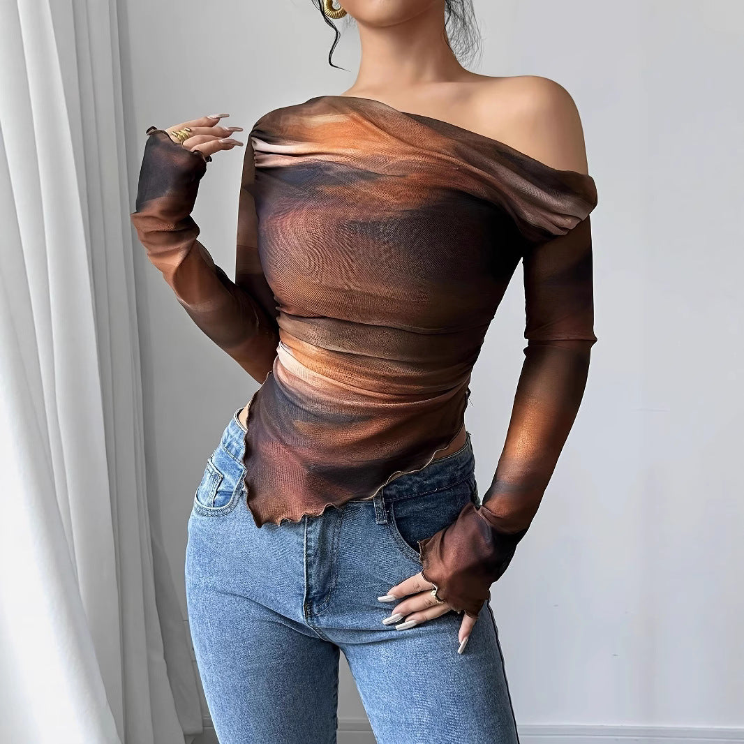 New Stylish Tie-dye Printed Asymmetrical Long-sleeve Top