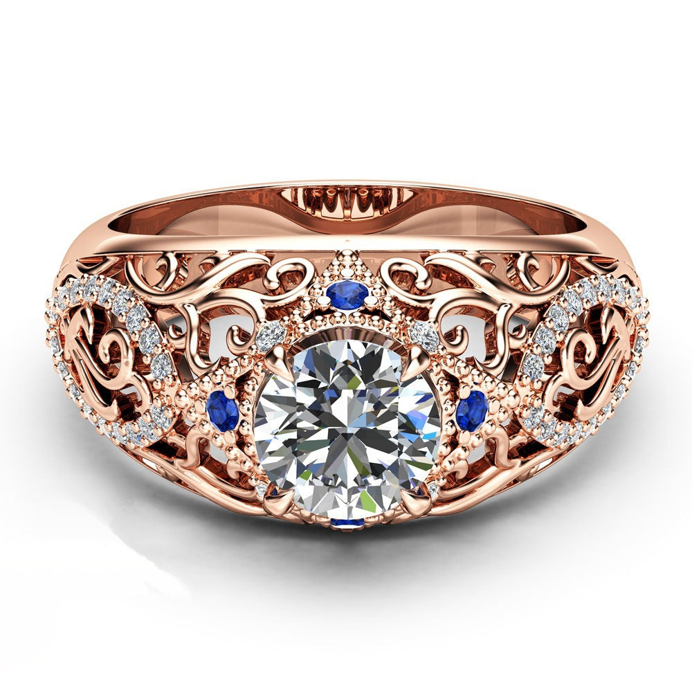 European And American Wish New Luxury Rose Gold Ladies Ring, Hollow Flower Inlaid Zircon Blue Gemstone Jewelry