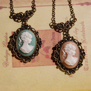 Vintage Style Lady Necklace Beauty Head Portrait Time Gemstone Necklace Jewelry