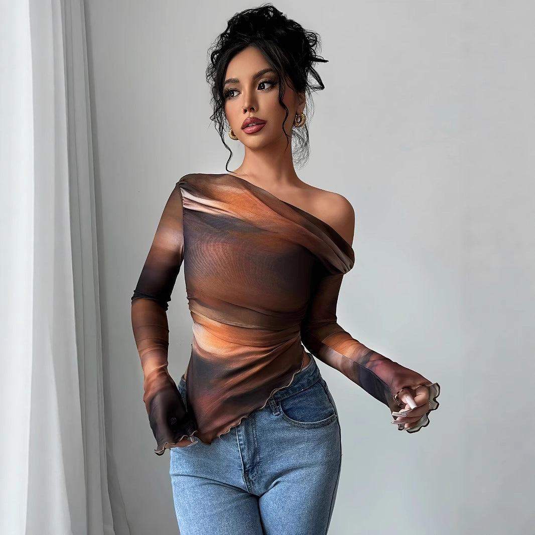 New Stylish Tie-dye Printed Asymmetrical Long-sleeve Top