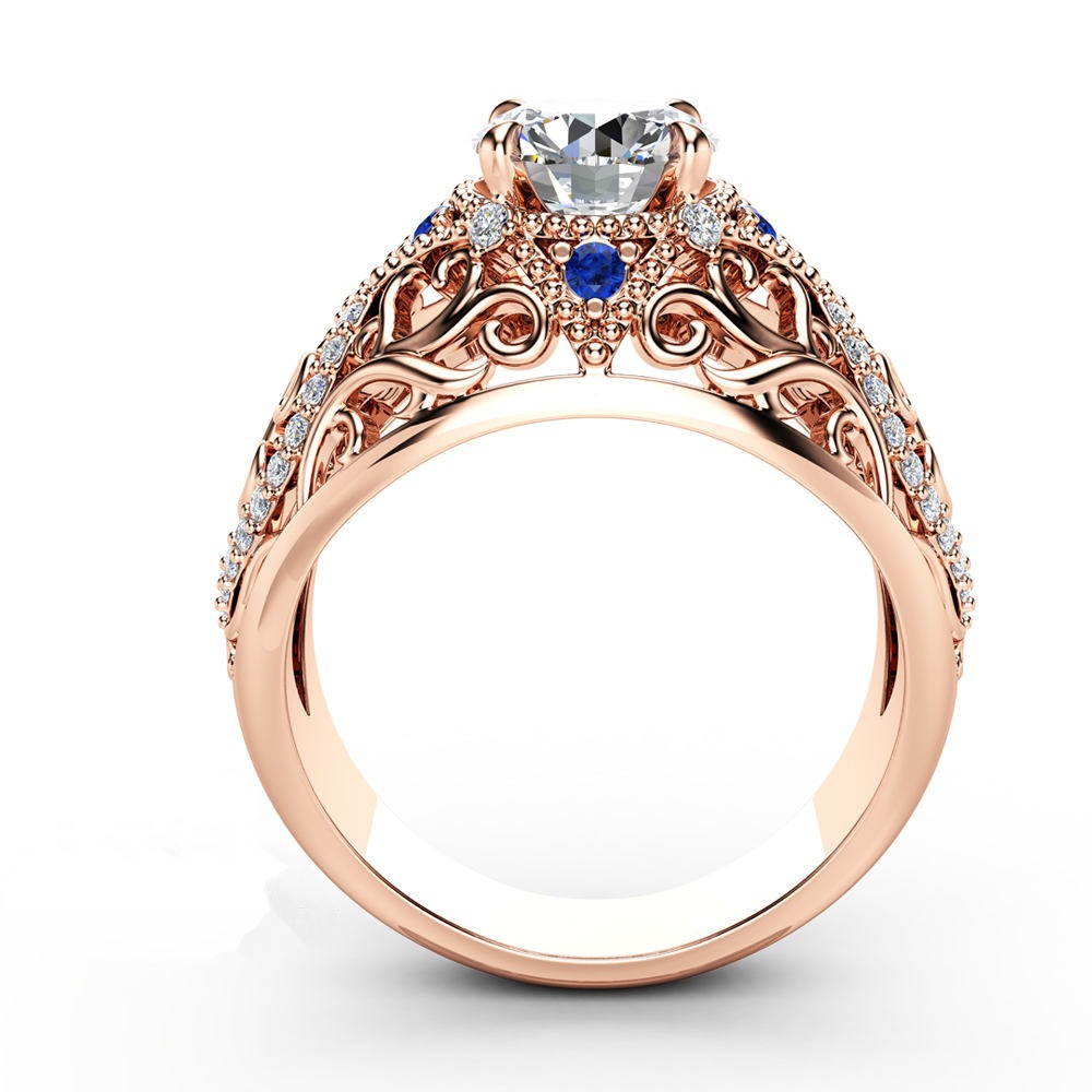 European And American Wish New Luxury Rose Gold Ladies Ring, Hollow Flower Inlaid Zircon Blue Gemstone Jewelry