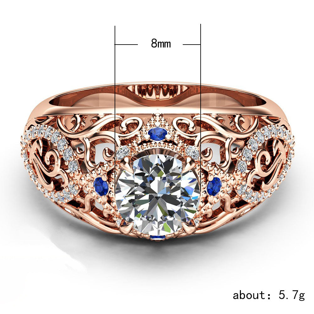 European And American Wish New Luxury Rose Gold Ladies Ring, Hollow Flower Inlaid Zircon Blue Gemstone Jewelry