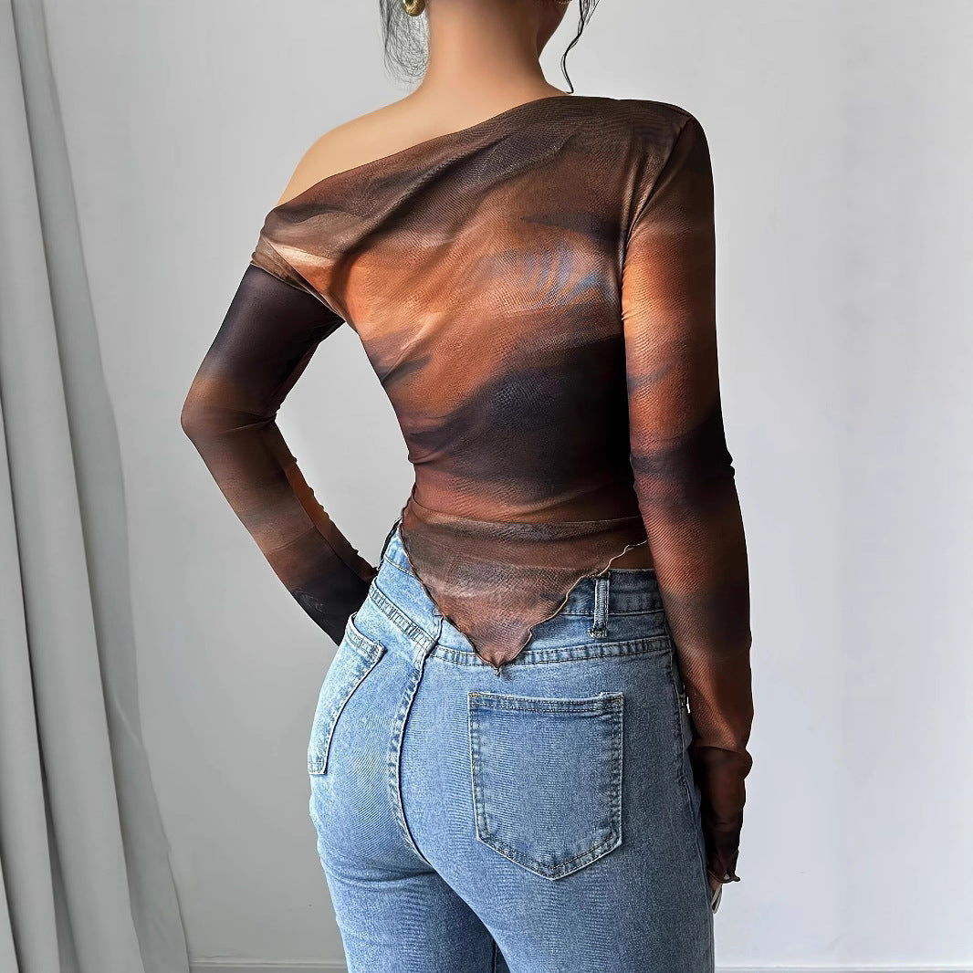 New Stylish Tie-dye Printed Asymmetrical Long-sleeve Top