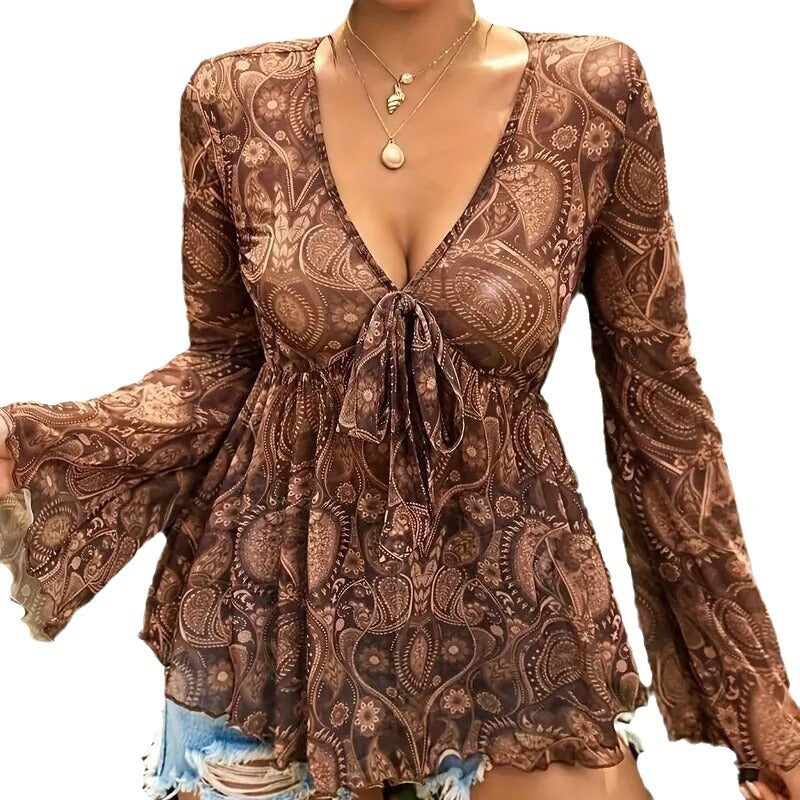 New Versatile Mesh Printed Deep V-neck Slim-fit Long Sleeve Top
