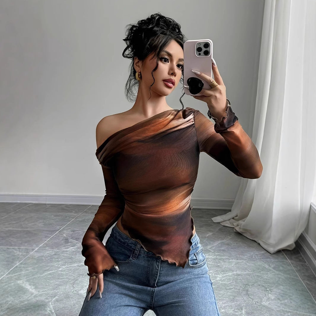 New Stylish Tie-dye Printed Asymmetrical Long-sleeve Top