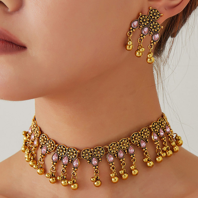 Vintage Gold Gemstone Necklace Earring Set