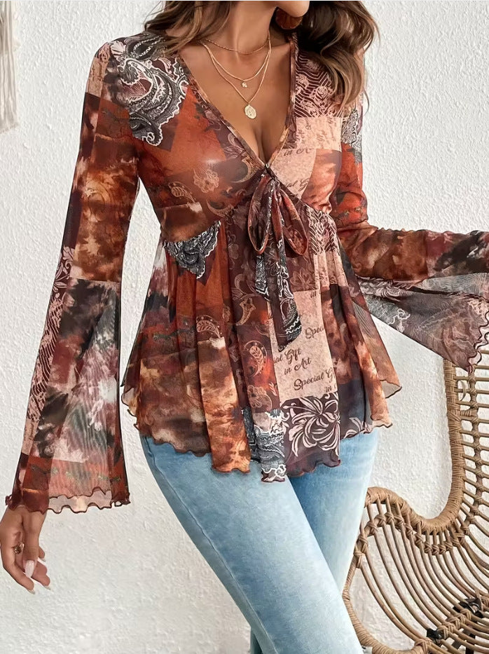 New Versatile Mesh Printed Deep V-neck Slim-fit Long Sleeve Top
