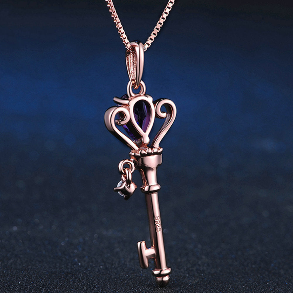 Sterling Silver Crown Key Pendant Necklace, 0.4 Carat Amethyst Gemstone Jewelry, Rose Gold Plated Chain
